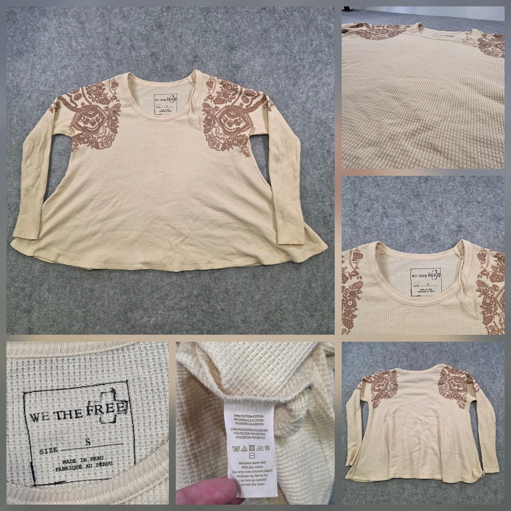 We The Free Shirt Womens‎ Small Beige Floral Thermal Waffle Tunic Top Boho